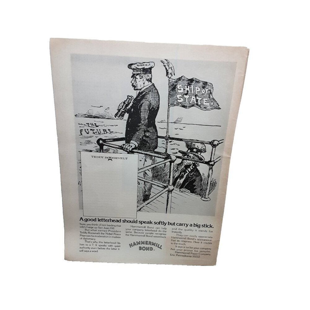 1974 Hammermill Bond Paper Teddy Roosevelt Lincoln Original Print Ad 70s